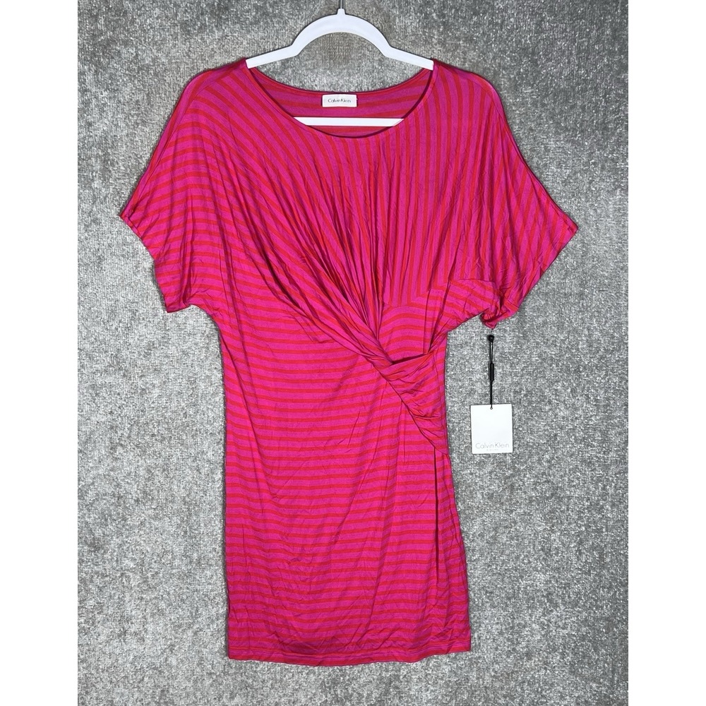 Calvin Klein Twisted Front Dress Womens Sz 4 Electric Pink Fire Red Striped New